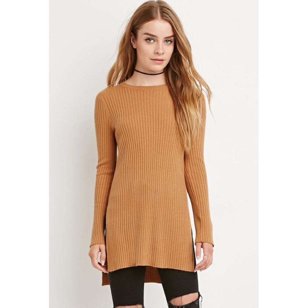 F21 camel side-slit long sleeve ribbed sweater